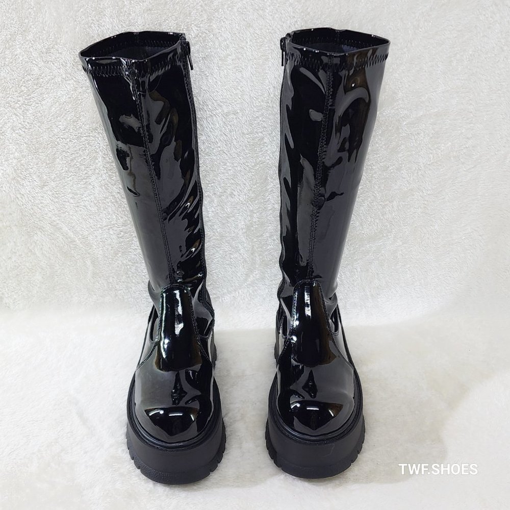 Demonia Shiny Black Tall Platform Boots - Picture 8 of 10